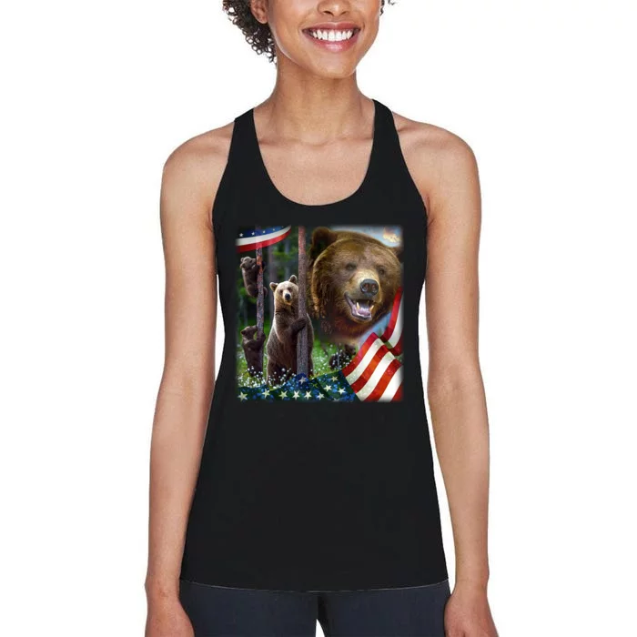 American Grizzly American Flag Bear Family Women's Racerback Tank