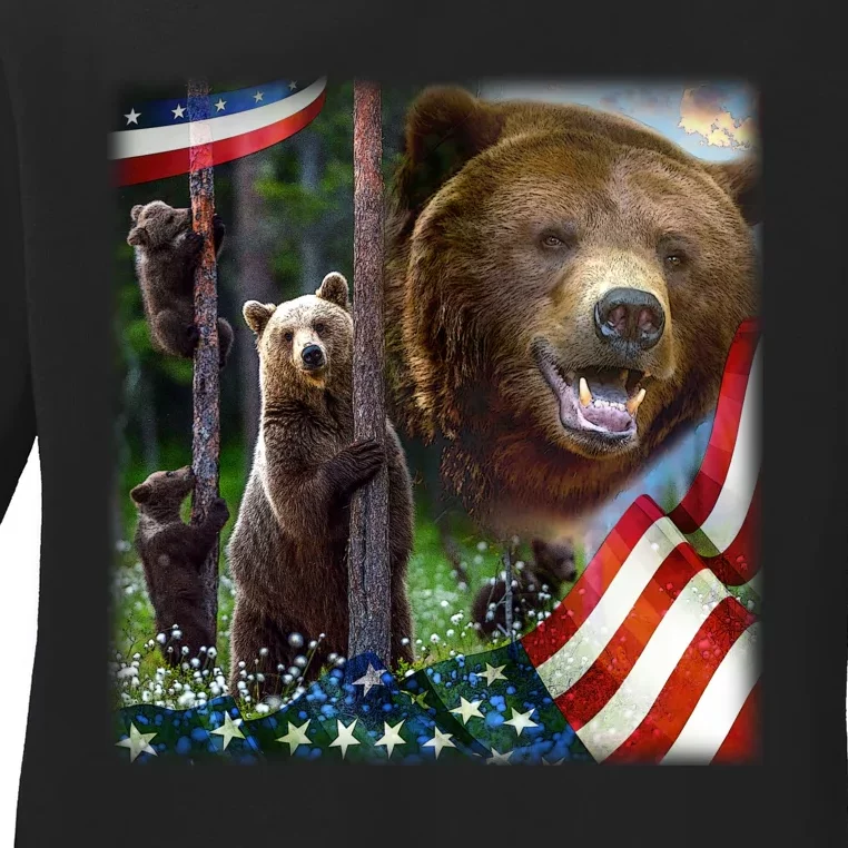 American Grizzly American Flag Bear Family Ladies Long Sleeve Shirt