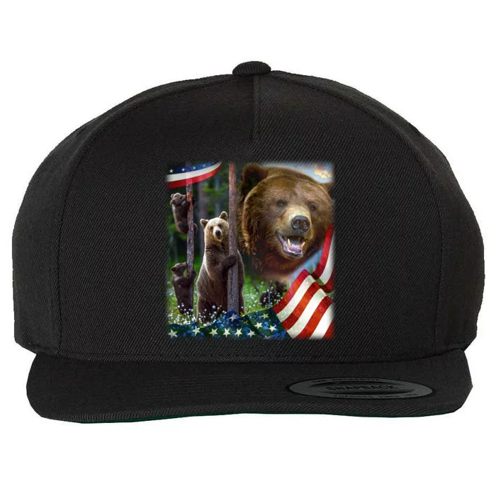 American Grizzly American Flag Bear Family Wool Snapback Cap