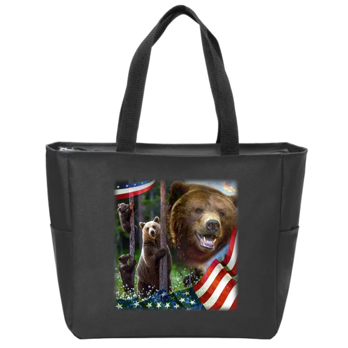 American Grizzly American Flag Bear Family Zip Tote Bag