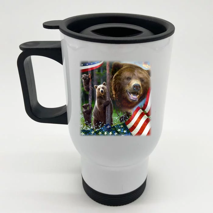 American Grizzly American Flag Bear Family Front & Back Stainless Steel Travel Mug