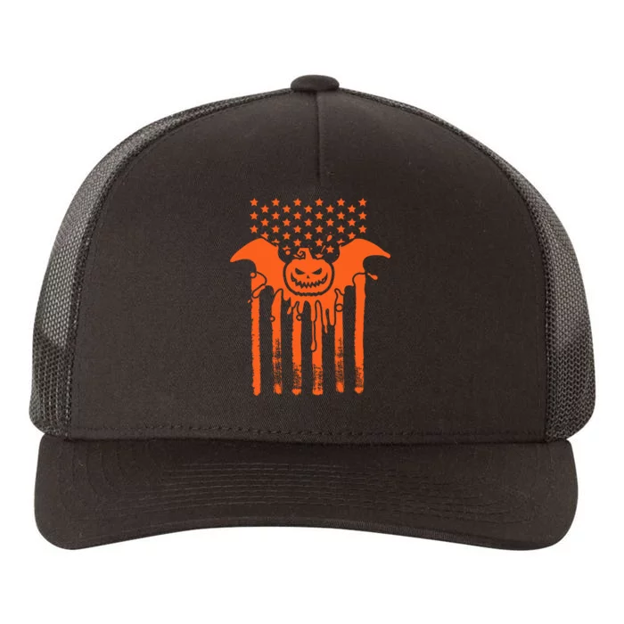 American Halloween Pumpkin Bat USA Flag Yupoong Adult 5-Panel Trucker Hat