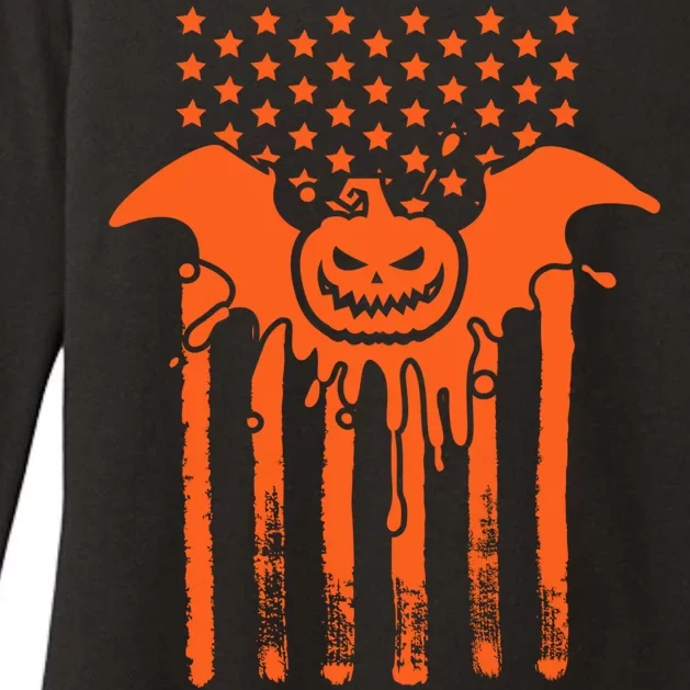 American Halloween Pumpkin Bat USA Flag Womens CVC Long Sleeve Shirt