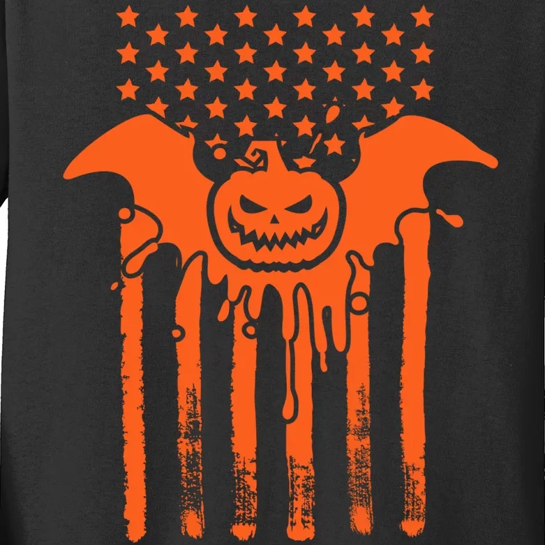 American Halloween Pumpkin Bat USA Flag Kids Long Sleeve Shirt