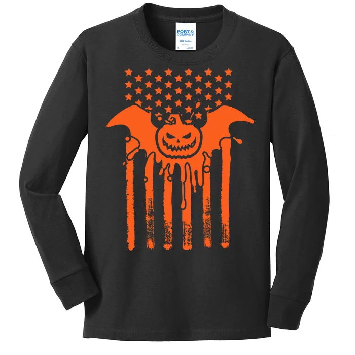 American Halloween Pumpkin Bat USA Flag Kids Long Sleeve Shirt