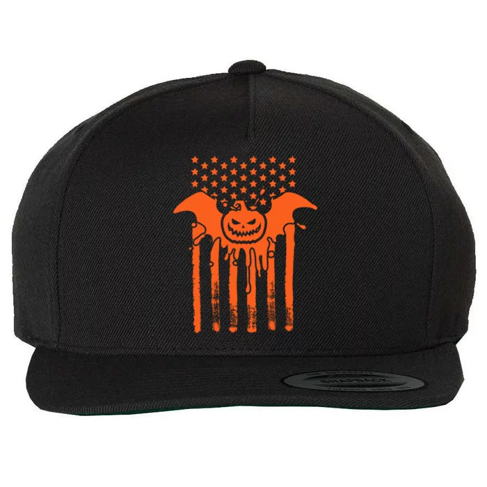 American Halloween Pumpkin Bat USA Flag Wool Snapback Cap