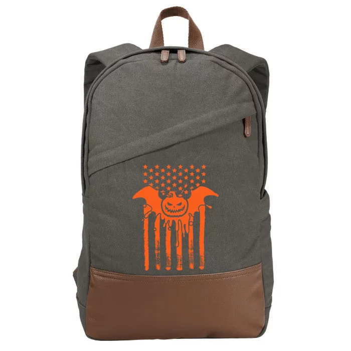 American Halloween Pumpkin Bat USA Flag Cotton Canvas Backpack