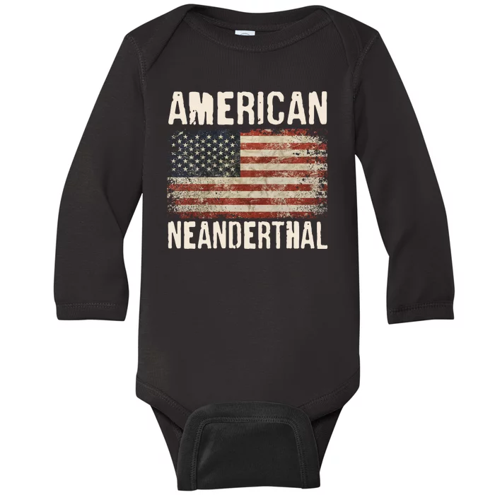 American Neanderthal Distressed US Flag Baby Long Sleeve Bodysuit