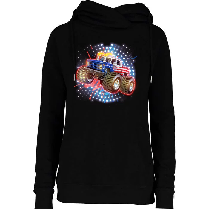 American Patriotic Monster Truck USA Womens Funnel Neck Pullover Hood