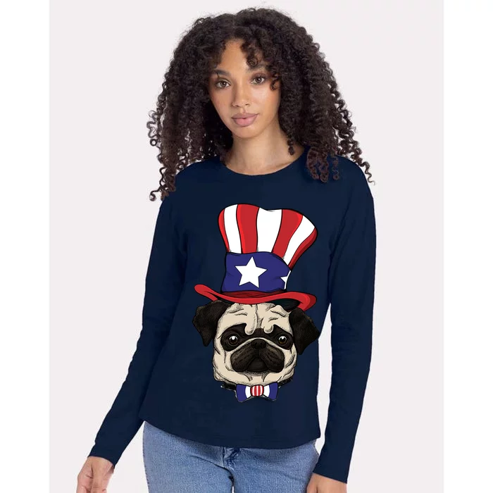 American Patriotic Pug Womens Cotton Relaxed Long Sleeve T-Shirt