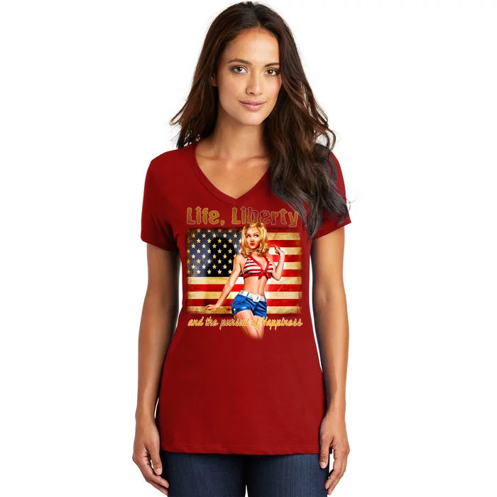 American Pinup Girl - Life Liberty And The Pursuit Of Happiness Women's V-Neck T-Shirt