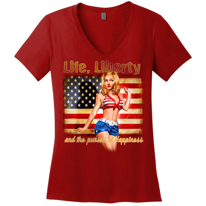 American Pinup Girl - Life Liberty And The Pursuit Of Happiness Women's V-Neck T-Shirt