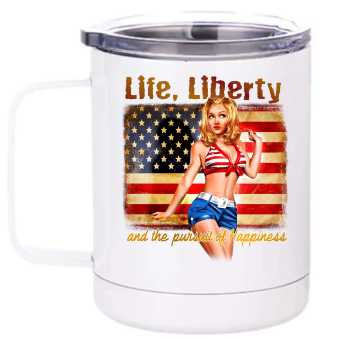 American Pinup Girl - Life Liberty And The Pursuit Of Happiness Front & Back 12oz Stainless Steel Tumbler Cup