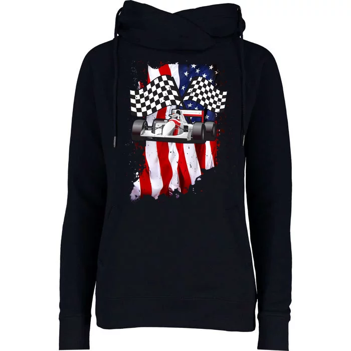 American Racing Car Flag Womens Funnel Neck Pullover Hood