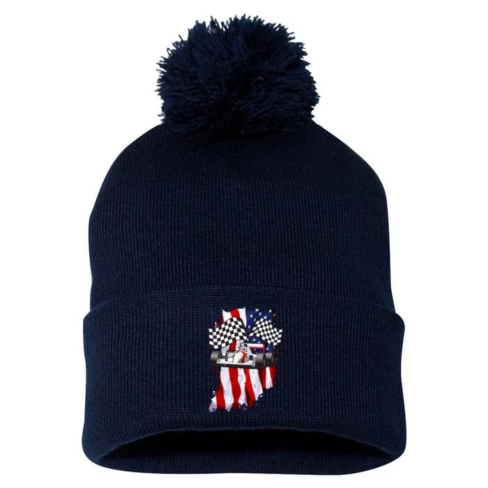 American Racing Car Flag Pom Pom 12in Knit Beanie