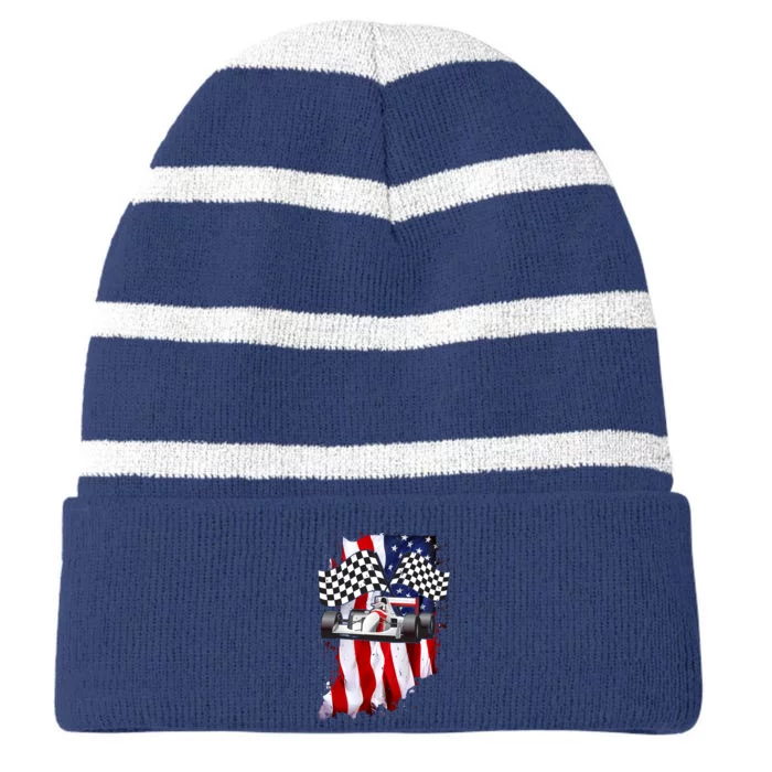 American Racing Car Flag Striped Beanie with Solid Band