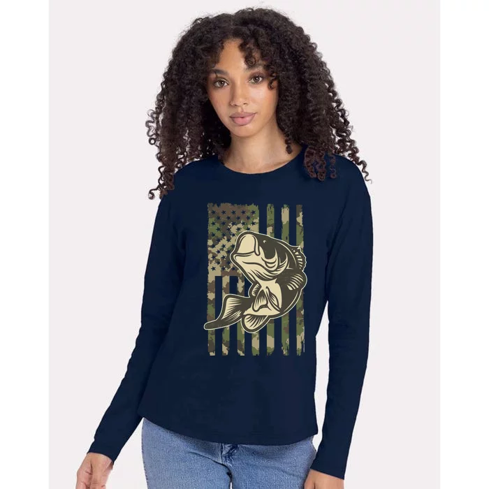 American US Camouflage Flag Bass Fishing Womens Cotton Relaxed Long Sleeve T-Shirt