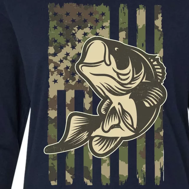 American US Camouflage Flag Bass Fishing Womens Cotton Relaxed Long Sleeve T-Shirt