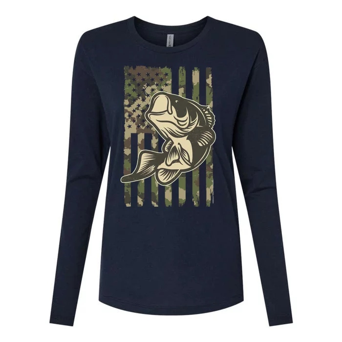 American US Camouflage Flag Bass Fishing Womens Cotton Relaxed Long Sleeve T-Shirt