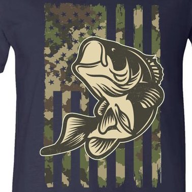American US Camouflage Flag Bass Fishing V-Neck T-Shirt
