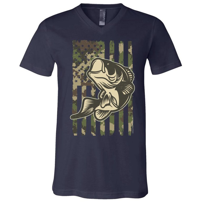 American US Camouflage Flag Bass Fishing V-Neck T-Shirt