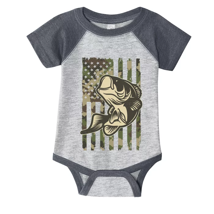 American US Camouflage Flag Bass Fishing Infant Baby Jersey Bodysuit