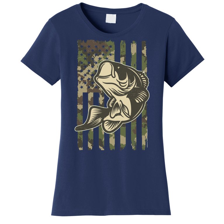 American US Camouflage Flag Bass Fishing Women's T-Shirt