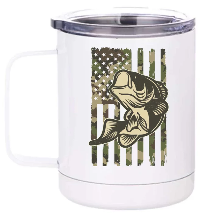 American US Camouflage Flag Bass Fishing Front & Back 12oz Stainless Steel Tumbler Cup