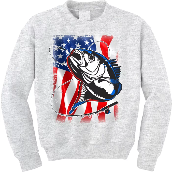 American USA Flag Bass Fishing Fan Kids Sweatshirt