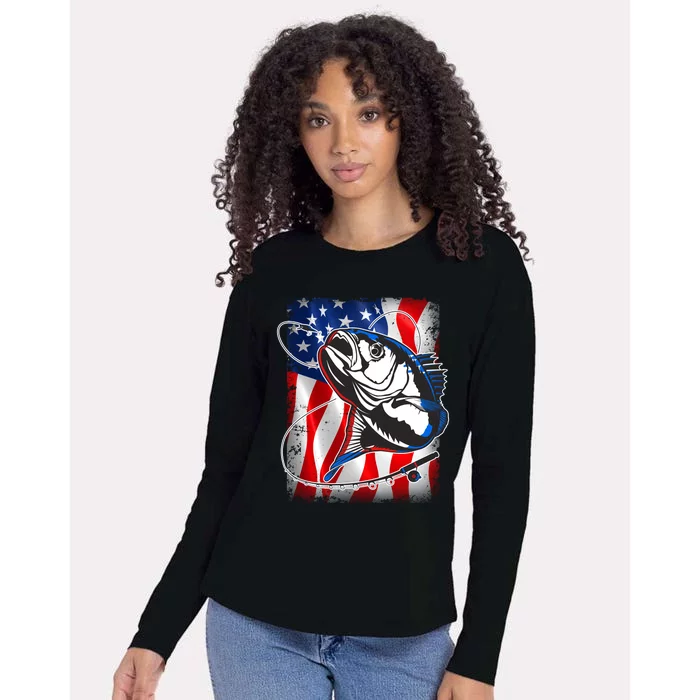 American USA Flag Bass Fishing Fan Womens Cotton Relaxed Long Sleeve T-Shirt