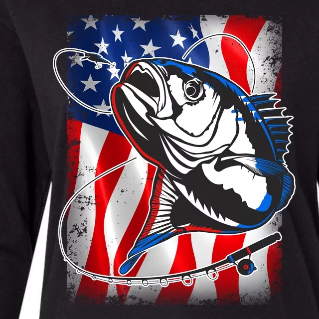 American USA Flag Bass Fishing Fan Womens Cotton Relaxed Long Sleeve T-Shirt