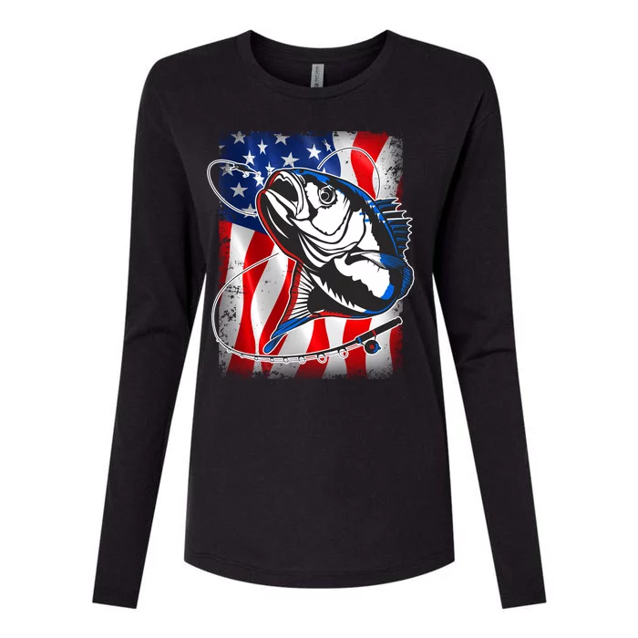 American USA Flag Bass Fishing Fan Womens Cotton Relaxed Long Sleeve T-Shirt