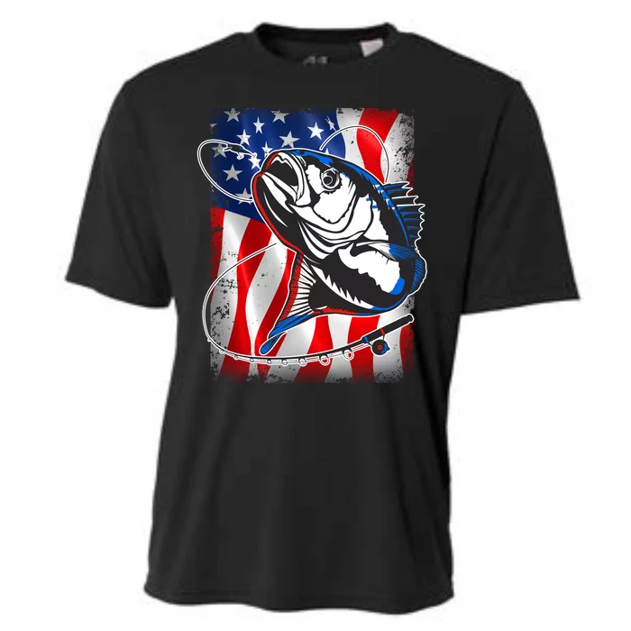 American USA Flag Bass Fishing Fan Cooling Performance Crew T-Shirt