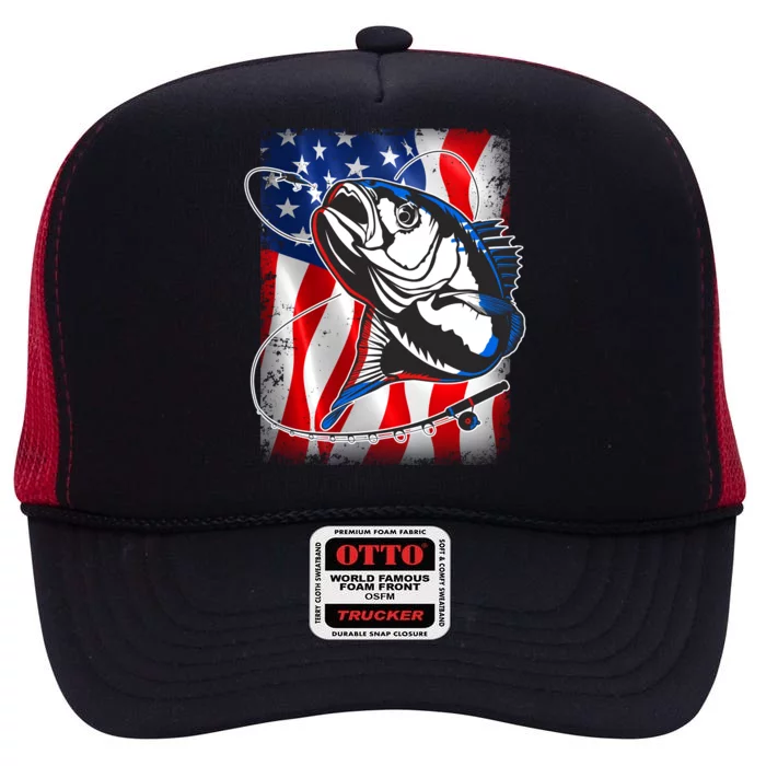 American USA Flag Bass Fishing Fan High Crown Mesh Trucker Hat