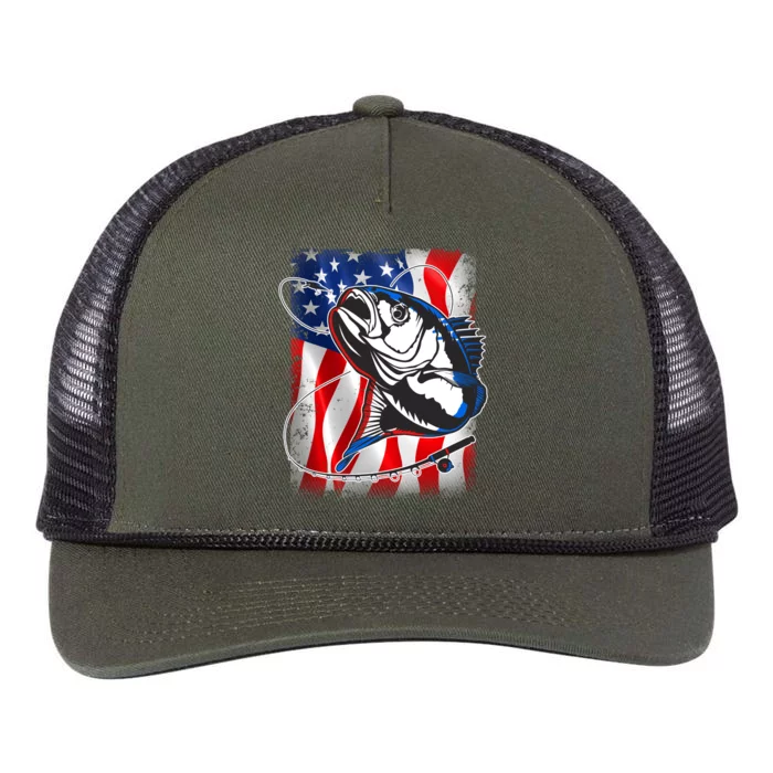 American USA Flag Bass Fishing Fan Retro Rope Trucker Hat Cap