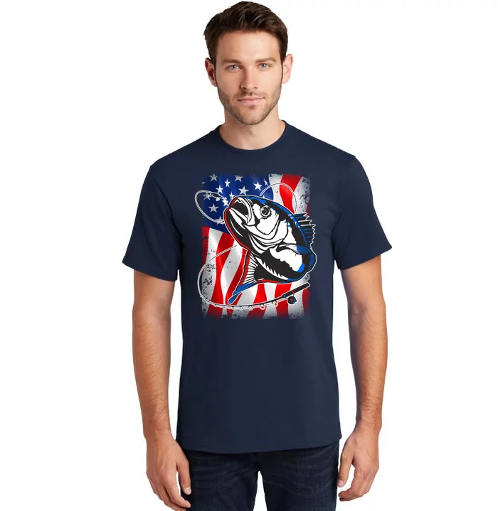 American USA Flag Bass Fishing Fan Tall T-Shirt