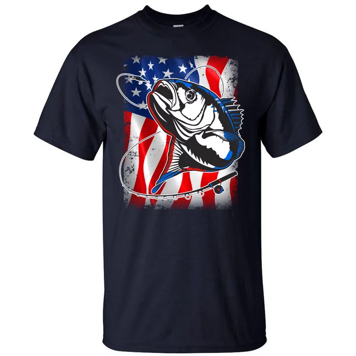 American USA Flag Bass Fishing Fan Tall T-Shirt