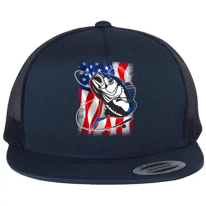 American USA Flag Bass Fishing Fan Flat Bill Trucker Hat