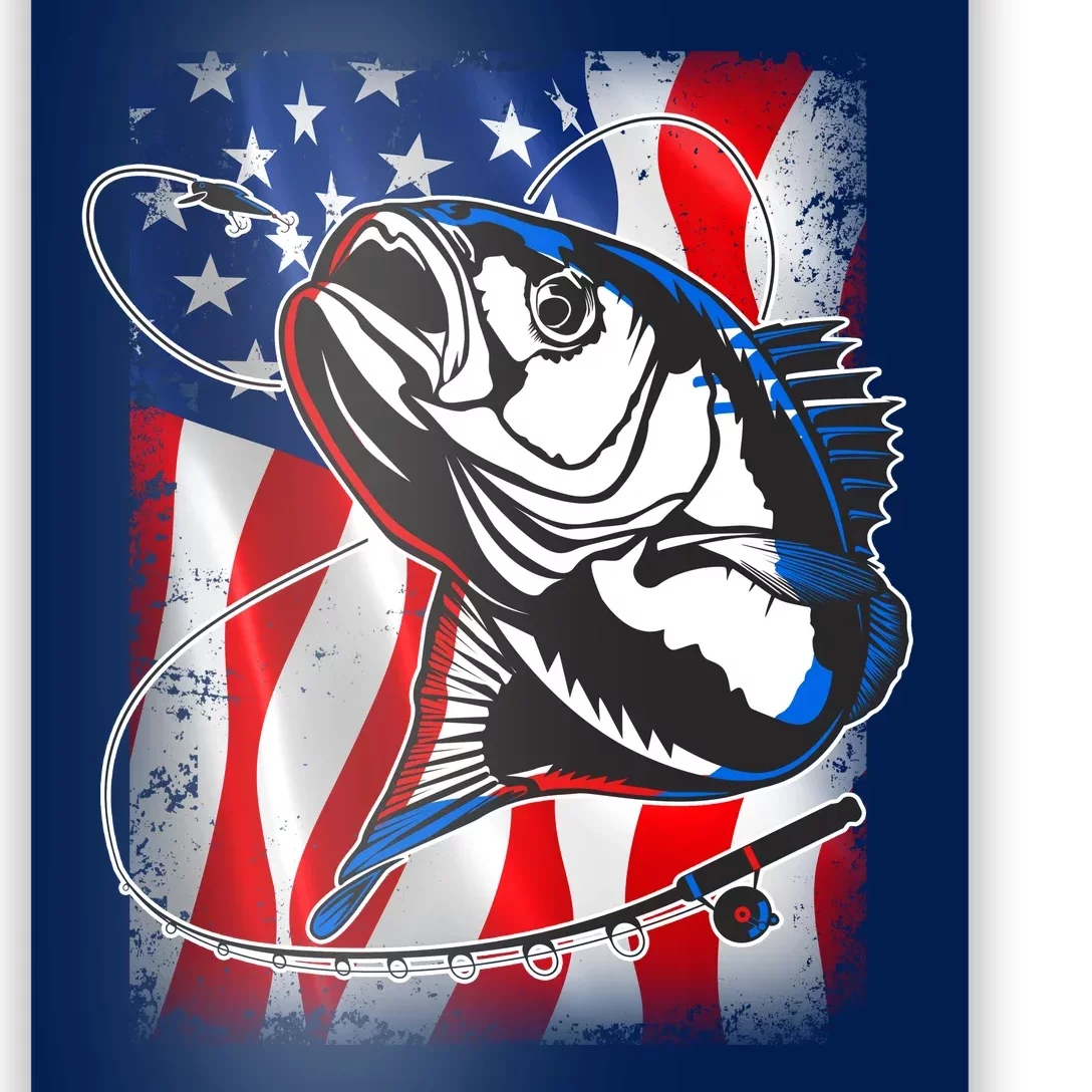 American USA Flag Bass Fishing Fan Poster