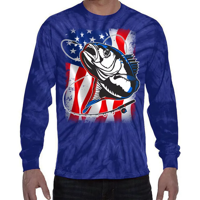 American USA Flag Bass Fishing Fan Tie-Dye Long Sleeve Shirt