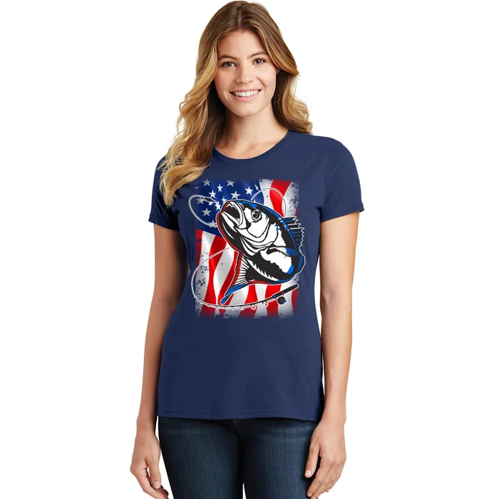 American USA Flag Bass Fishing Fan Women's T-Shirt