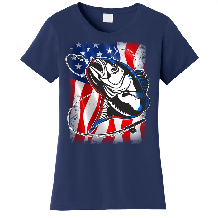 American USA Flag Bass Fishing Fan Women's T-Shirt