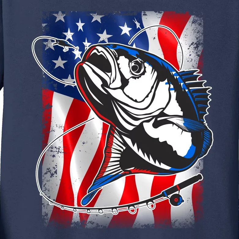 American USA Flag Bass Fishing Fan Kids Long Sleeve Shirt