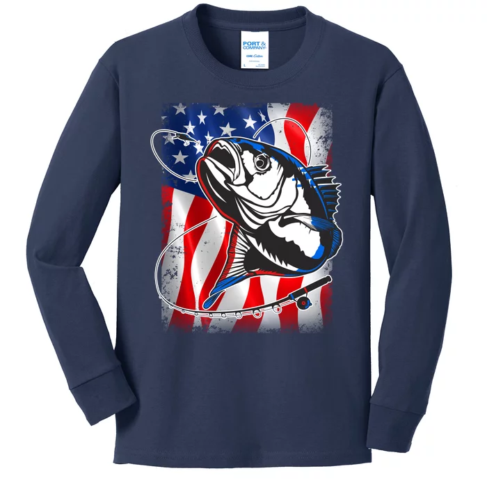 American USA Flag Bass Fishing Fan Kids Long Sleeve Shirt