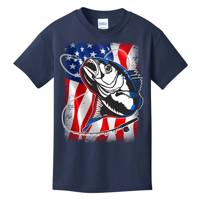 American USA Flag Bass Fishing Fan Kids T-Shirt