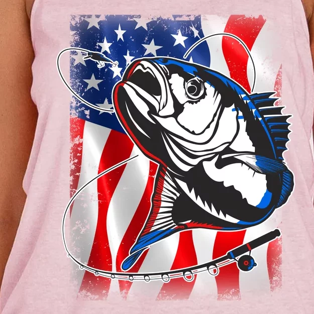 American USA Flag Bass Fishing Fan Women's Knotted Racerback Tank