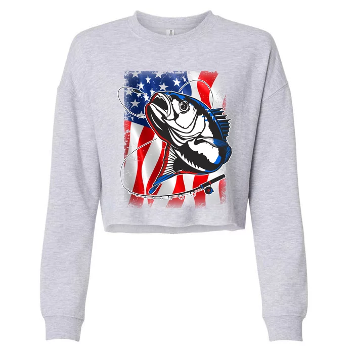 American USA Flag Bass Fishing Fan Cropped Pullover Crew