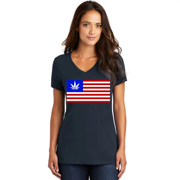 American USA Weed Flag Women's V-Neck T-Shirt