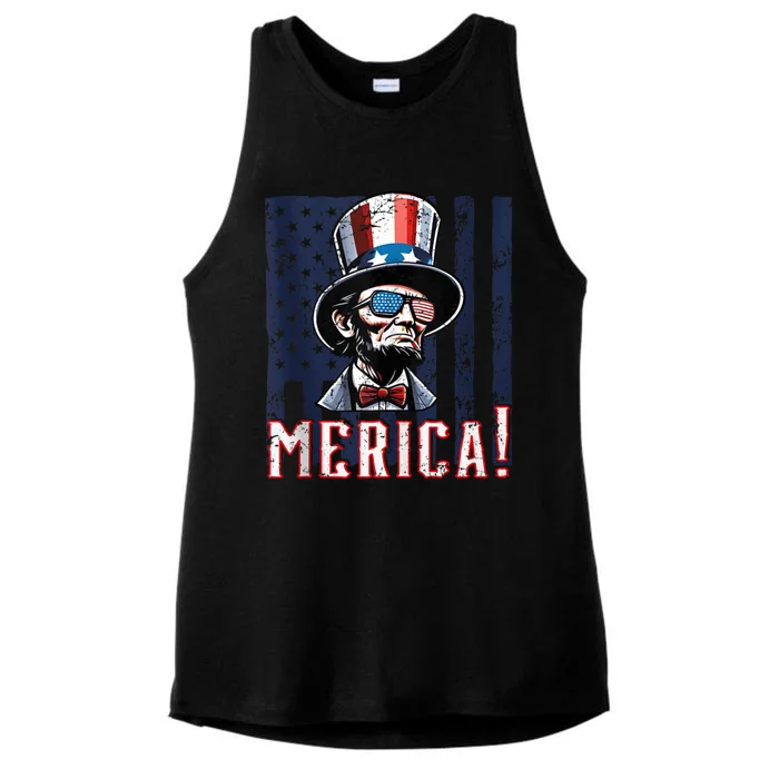 Abe Merica Flag Patriotic Abraham Lincoln 4th Of July Tank Top Ladies Tri-Blend Wicking Tank