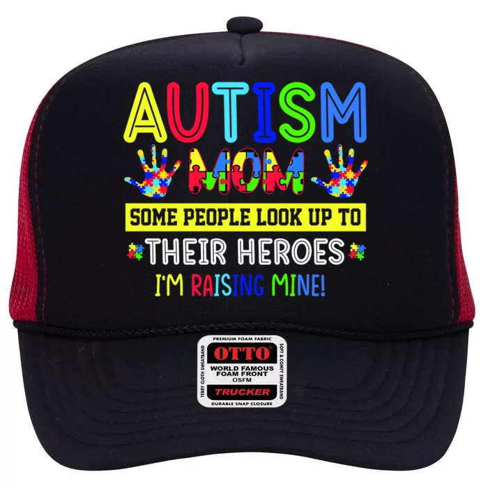 Autism Mom I'm Raising My Hero Awareness Puzzle High Crown Mesh Trucker Hat